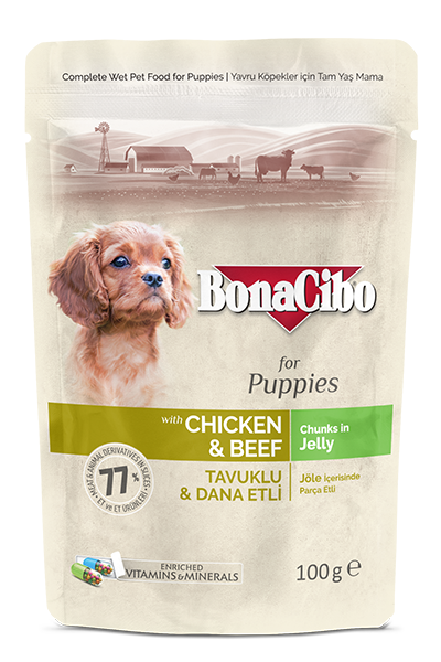 BonaCibo Jöleli Tavuklu-Dana Etli Pouch Yavru Köpek Yaş Maması